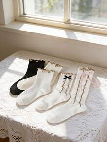 1 Pair Women's Mid-Calf Socks, Solid Color Minimalist Lace Trim Ankle Socks, Ruffle Edge Short Socks With Bow Design, Essential For Casual Daily Wear - Multicolor - View 12