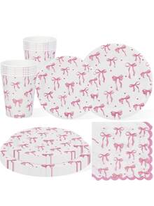 10pcs/20pcs/50pcs/80pcs Pink Bow Party Tableware Set - 9 /7 Inch Paper Dessert Plates ,Paper Cups ,Scalloped Edge Paper Napkins - Watercolor Pink Bow Heart Pattern Fancy Tableware For Coquette Bridal Shower, Princess Birthday, Tea Party Wedding Decor - Multicolor - View 1