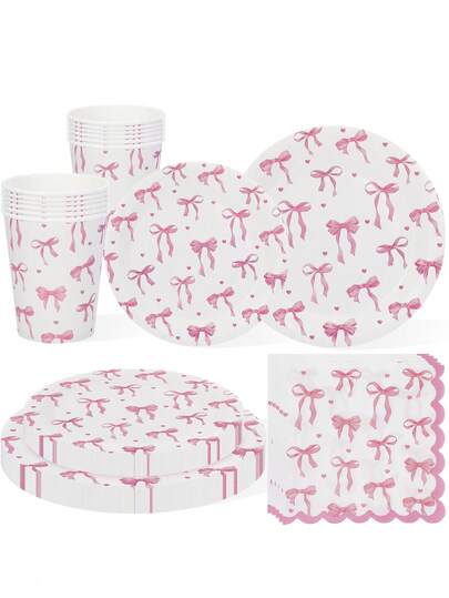 Bộ đồ dùng tiệc dùng một lần 10 món/20 món/50 món/80 món màu hồng hình nơ - Đĩa ăn giấy 9 inch, đĩa tráng miệng giấy 7 inch, cốc giấy, khăn giấy viền lượn sóng - Họa tiết nơ và trái tim màu hồng vẽ màu nước, bộ đồ dùng tiệc sang trọng cho tiệc cưới, tiệc mừng em bé, sinh nhật công chúa, tiệc trà và trang trí đám cưới dành cho nam và nữ.