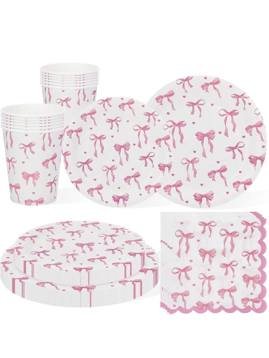 10pcs/20pcs/50pcs/80pcs Pink Bow Party Tableware Set - 9 /7 Inch Paper Dessert Plates ,Paper Cups ,Scalloped Edge Paper Napkins - Watercolor Pink Bow Heart Pattern Fancy Tableware For Coquette Bridal Shower, Princess Birthday, Tea Party Wedding Decor - Multicolor - View 1