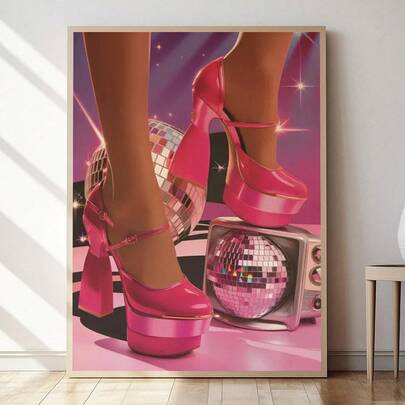 1pc Multi Sized Canvas Paintings, Disco Party Posters, Pink Wall Art, Vintage TV Prints, Female Aesthetics, 70s Wall Prints, High-Heeled Shoe Posters, Art, Retro Fun Creative Canvas Painting Wall Decorations, Suitable For Kitchen Decor, Room Decor, Home Decor, Bedroom Decor, Wall Decor, Living Room Decor, Room Accessories,Bathroom Decor,Office Decor,Western Decor,Suitable As A Housewarming Gift, It Is The Perfect Gift For Him/Her , 2D Graphic Design