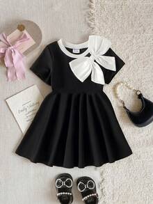 Baby Girls' Elegant Bowknot Patchwork Round Neck Waist Dress, Summer - Black - View 1