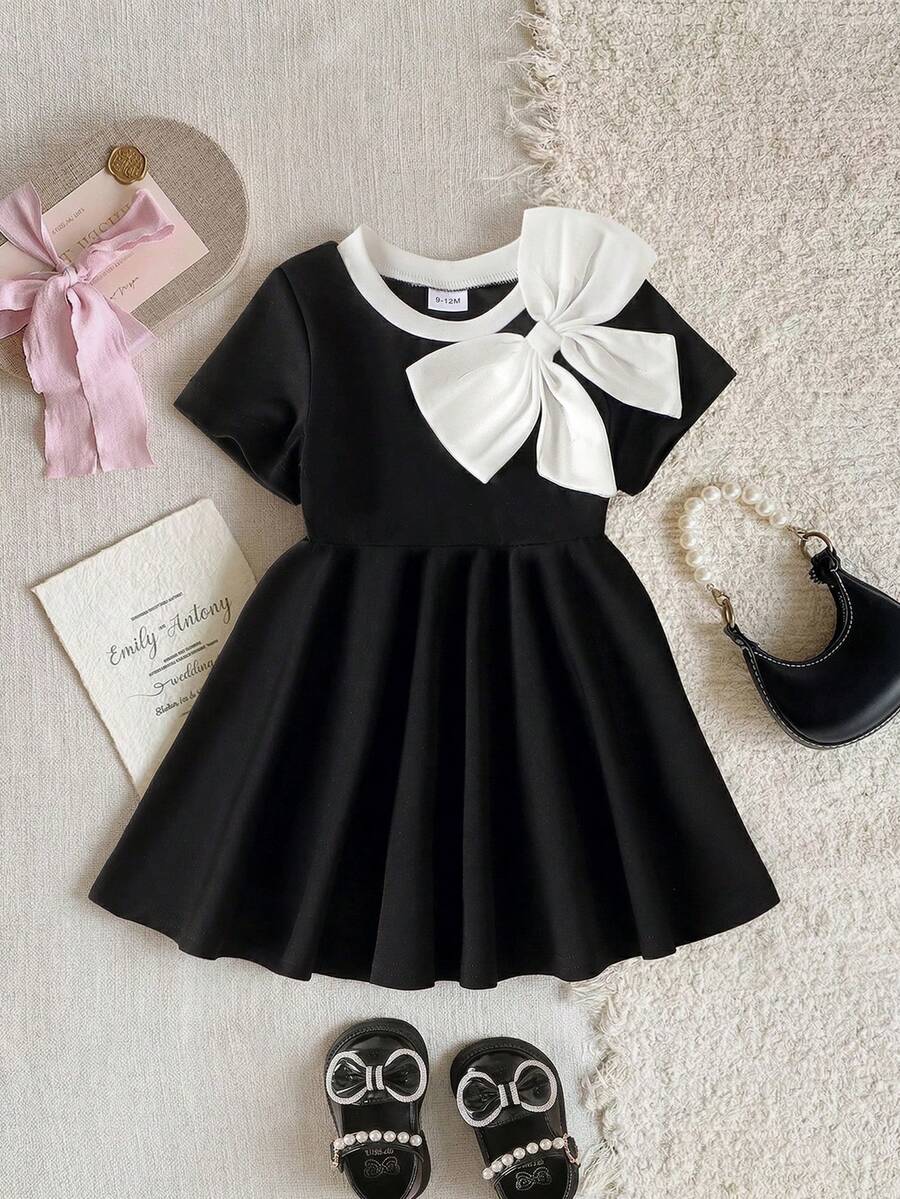 Baby Girls' Elegant Bowknot Patchwork Round Neck Waist Dress, Summer - Black - View 1