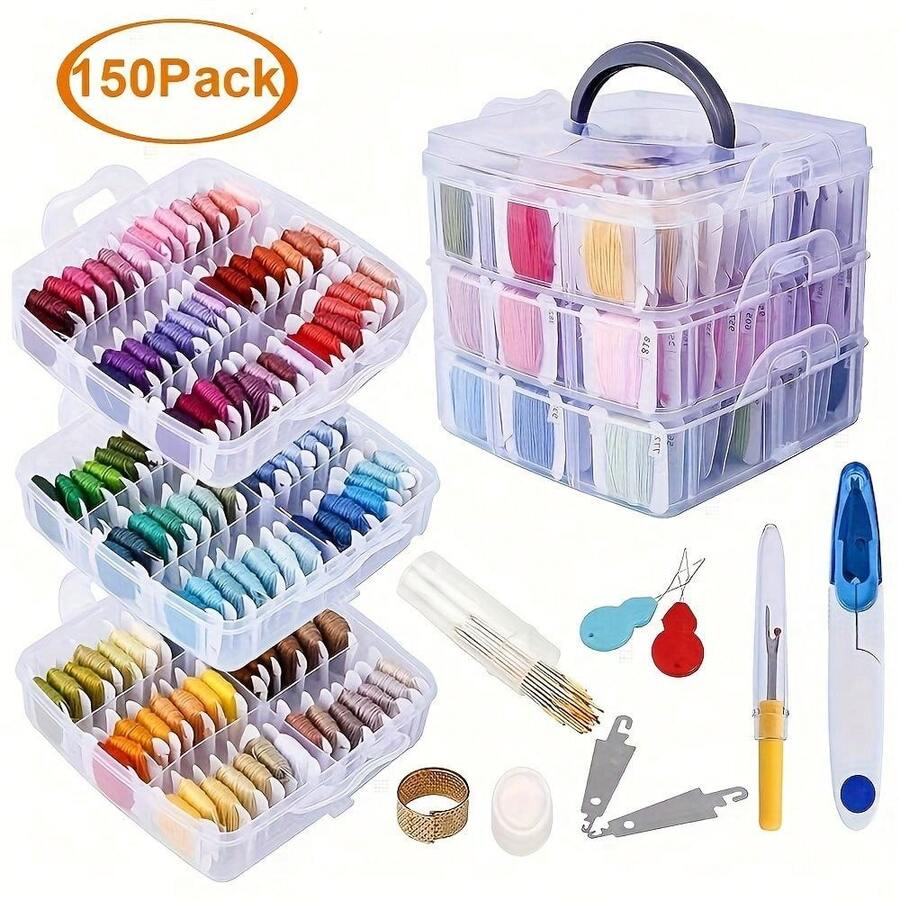 Embroidery Thread Set, Including 150 Colors Of Thread, 8 Meters Of Cross Stitch Sewing Thread, One Spool Box, 37 Cross Stitch Tools And A Three-Layer Transparent Storage Box. - 150 Color Set - View 1