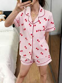 Dreamivo 女士短袖纽扣领上衣和短裤睡衣套装，2件套，舒适休闲宽松纯色基础家居服，适合室内外穿着，春夏款 - 粉色 - 查看 3