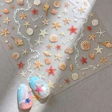 5D Embossed Shell Light Starfish Shell Nail Art Stickers, 1pc Ocean Holiday Self-Adhesive DIY Nail Stickers And Decals - Nail Supplies And Nail Charms Nail Tools For Girls And Women-Autumn Winter Christmas Summer Nails For Nail Art Home Salon - 彩色 - 查看 5