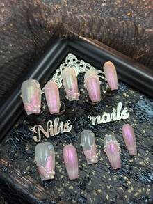 10pcs Coffin Type Handmade Women's Wearable Nail Stickers Fully Covered And Reusable Medium Viscosity, Light Pink Nails, Hand-Painted Pink Purple Aurora Phoenix Tail Texture, 3D White Small Pearls, Y2K Style Nail Art Set,Suitable For Women And Girls,Festivals,Daily,Party,Gatherings And OtherPlaces Use(Includes: A Piece Of Jelly Glue And A Friction Strip) Nail Stuff - Baby Pink - View 3