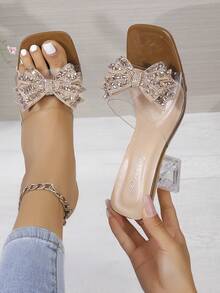 Summer New Transparent PVC Upper Women High Heel Sandals, Crystal Heel Slides, Square Toe Rhinestone Bow Tie High Heel Mules, Luxury Outdoor Wear Party Date Versatile Pumps, Slimming Elevated Slides - Apricot - View 2