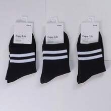Meias Listradas Preto e Branco Algodão Cano Longo Unissex Estilo Escolar Casual Primavera Verão Outono para Casal Masculino Feminino - Preto - Visão 2