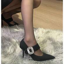 Square Buckle Rhinestone Single Strap Stiletto Heels For Women, Square Toe Elegant High Heel Pumps, Fall Winter New Outerwear Shoes - Black - View 4