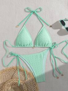 Bộ đồ bơi nữ kẻ sọc và gợn sóng xẻ tà, bikini gợi cảm, bikini phối màu thời trang cao cấp, bikini dự tiệc mùa xuân, bikini may đo tỉ mỉ, bộ bikini dây buộc cổ gợi cảm kiểu Âu Mỹ dành cho nữ, đồ bơi bán chạy cho kỳ nghỉ hè trên bãi biển. - Trái cây xanh - Xem 1