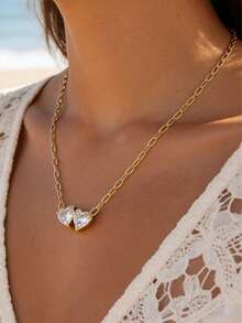 18 Karat vergoldete Doppelherz Kristall Anhänger Halskette, bohemian Stil Gold Sommer Strand Urlaub Edelstahl Büroklammer Kette Halskette für Frauen - Gold - Übersicht 6