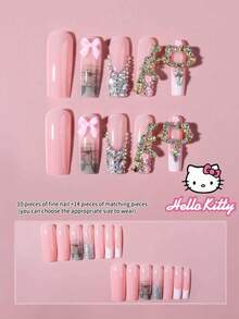 Sanrio Hello Kitty 24片長方型 Y2K 3D 凝膠白色法式穿戴甲，附可愛鑽石 Hello Kitty、3D 蝴蝶結、金色鑽石槍、花朵與水鑽設計，完美貼合壓克力假指甲套組，適合女性日常與派對使用 - 彩色 - 查看 2