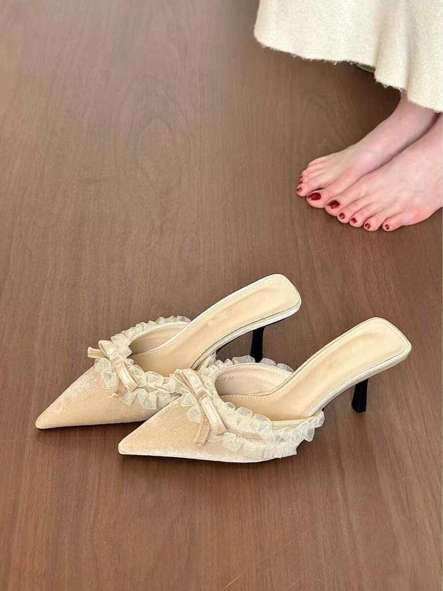 Mẫu sandal đế bệt mũi nhọn kiểu dáng thanh lịch, tinh tế năm 2026, thiết kế nơ ren Pháp sang trọng, đa năng cho kỳ nghỉ, dã ngoại, sự kiện trang trọng, hẹn hò - Mang đến vẻ ngoài tuyệt đẹp! - Màu be - Xem 1