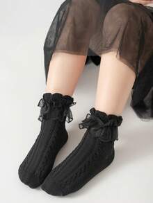 1 Pair Girls' Fluffy Lace Trim Socks, Cute Princess Dance Tights - Black - View 8