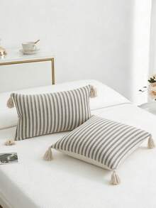 1pc/2pcs Black & White Striped Pillow Cover, Bohemian Jacquard Canvas Fabric With Tassels, Nordic Ins Daily Bedroom Living Room Sofa Decor, Outdoor Garden Patio Lounge Chair Cushion Cover, Seasonal Holiday Party Home Decor, 30*50cm 45*45cm (Without Insert) - Black and White Stripes - View 11