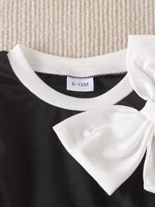 Baby Girls' Elegant Bowknot Patchwork Round Neck Waist Dress, Summer - Black - View 3