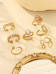 7pcs Stainless Steel Gold-Tone Rings Set With Pink Zirconia, Hollow Circle Design, Heart-Shaped Rhinestone Inlaid, High-Quality Fashion Rings, Suitable For Women Decoration Or Gifts - Yellow Gold - View 3