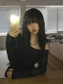 甜美蕾丝拼接露肩长袖T恤，夏季独特修身抽绳背心两件套休闲黑色 - 黑色 - 查看 7
