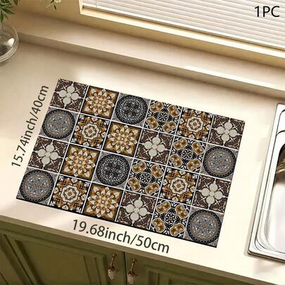 1pc Ceramic Tile Pattern Printed Absorbent Mat/Drying Mat For Coffee Maker, Tableware - Polyester Absorbent Desktop Protective Mat With Rubber Anti-Slip Pad, For Kitchen Counter Decor, Home Bar And Dining Table