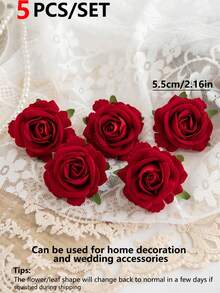 5/15/25pcs Artificial Velvet Rose Flower Heads, Suitable For Wedding Party Decor, Cake Decor, Home Living Room Tabletop Decor, Fake Plants, Autumn Decor, Room Decor, Tabletop Decor, Garden Decor, Valentine's Day Bride Wrist Corsage - Red - View 2