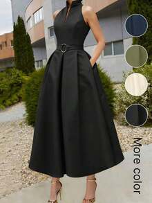 Women's Elegant Tie-Waist A-Line Dress, New Spring/Summer & Summer/Autumn Styles, Sleeveless V-Neck, Office/Commute Dress Black - 杏色 - 查看 7