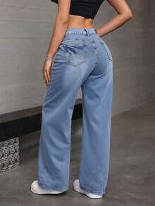 Straight-Leg Dark Blue Denim Jeans With A Butt-Lifting Effect And A Loose, Stretchy Fit - Light Wash - View 7