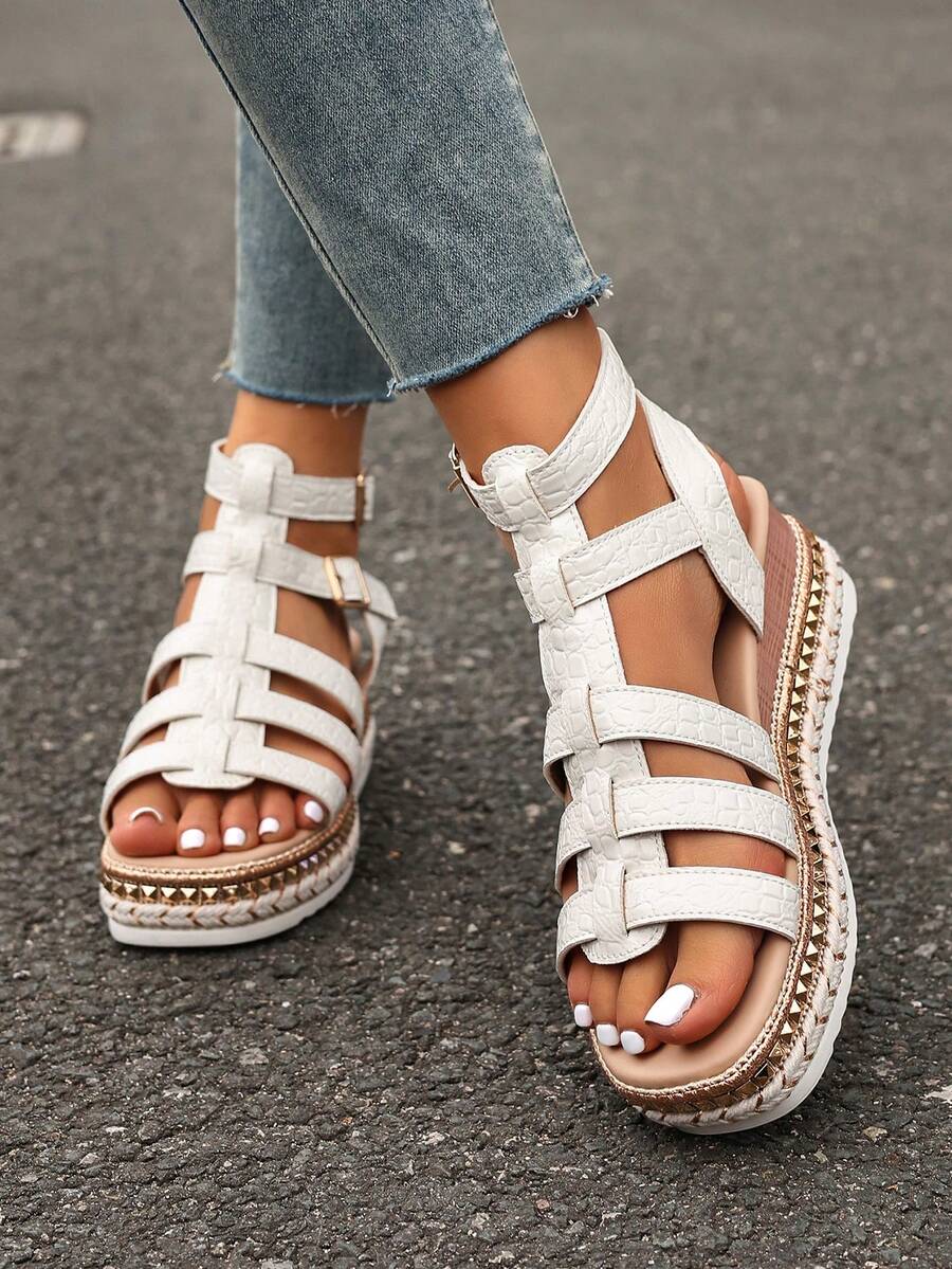 Women's Roman Style Wedge Sandals, New Summer Design With Crocodile Embossed Multi-Strap, Woven Rivet Straw Trim, Comfortable Thick Sole Open Toe Shoes, Casual Vacation Versatile - White - View 1