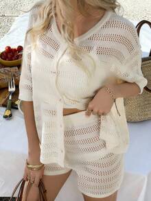 Bộ đồ dệt kim 2 mảnh thanh lịch dành cho nữ, gồm quần short tay ngắn cho mùa xuân/thu và áo khoác cardigan cổ tròn cho mùa thu/đông, trang phục đa năng cho kỳ nghỉ, bãi biển và mùa hè. - Màu be - Xem 5