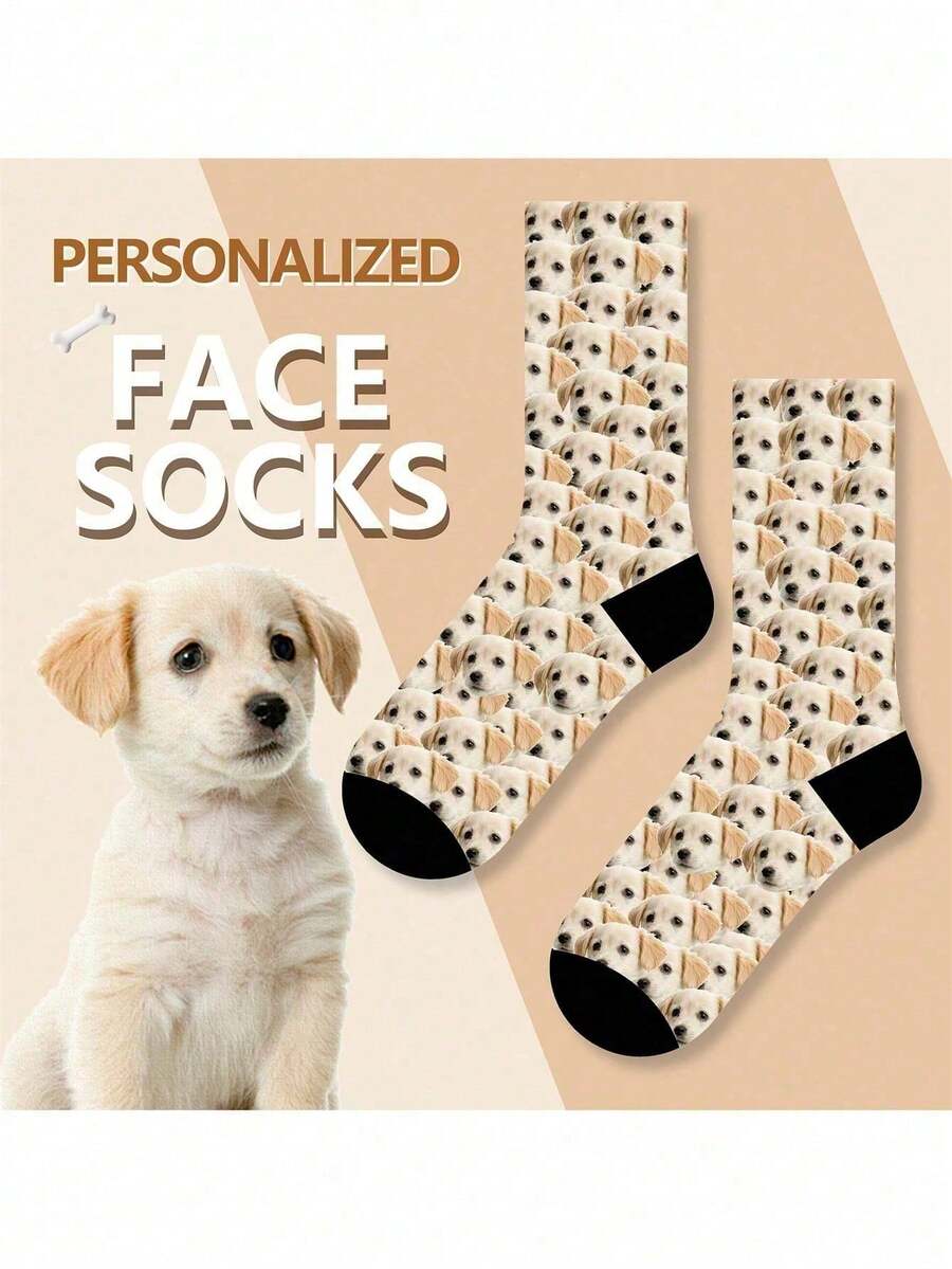 1 Pair Of Women's Medium Length Socks, Customized Dog Face Socks, Personalized Pet Face Socks, Customized Fun Round Neck Socks With Photos As Gifts For Women, Customized Valentine's Day Birthday Gifts As Gimmicks For Beloved Pets, Girlfriends, Boyfriends, His Parents, And Best Friends Doggy,Dawg,Kitties,Cat Fashionable,Colorful,Cute,Adorable,Funny,Relaxation,Cozy Custom,Personalized,Unique,Customized Treasure Finds,Winter Fashion,Christmas Gift,Personalized Gifts For Men/Women Ideal Gifts For Him Family,Grandparents,Children,Pets Living Room,Bedroom,For Graduation,For Winter,For Christmas,For Fall/Autumn,For Holiday,For Anniversaries,Dawg,Colorful,Cute,Adorable,Contracted,Funny,Custom,Unique,Customized,Personalized,Ideal Gifts For Him,Ideal Gifts For Her,Boyfriend,Girlfriend,Family,Friends - Multicolor - View 1