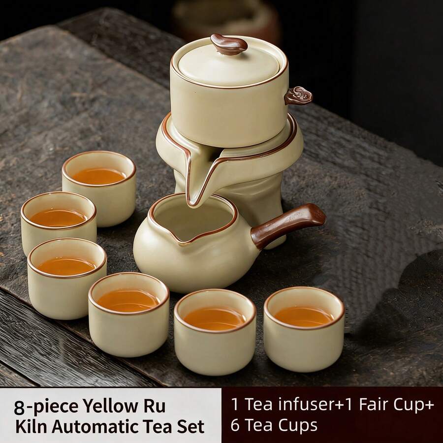 1 Set Of 8 Pcs: 1 Teapot + 1 Shared Cup + 6 Tea Cups, Beige Ru Kiln Gongfu Tea Set, High-End Luxury Ceramic Tea Pot & Cups, Slouchy Automatic Stone Grinder Tea Maker For Home Use - Multicolor - View 1