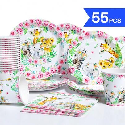 水彩丛林动物一次性餐盘、餐巾纸、杯子套装，派对用品，可供10位客人使用，一次性纸盘，派对餐具，适合生日、婚礼、聚会、家庭野餐等场合。