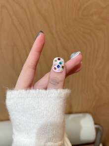 Móng tay giả ngắn thủ công, thiết kế đá quý nhiều màu, màu xanh nhạt. - Nhiều màu - Xem 4
