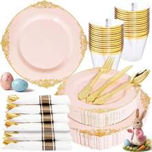 Nervure 700PCS Pink Gold Plastic Plates - Pink Plastic Dinnerware Sets For 100 Guests - 200 Disposable Plates, 300 Silverware, 100 Cups, 100 Napkins For Wedding, Birthday &Amp; Party - Pink - View 11