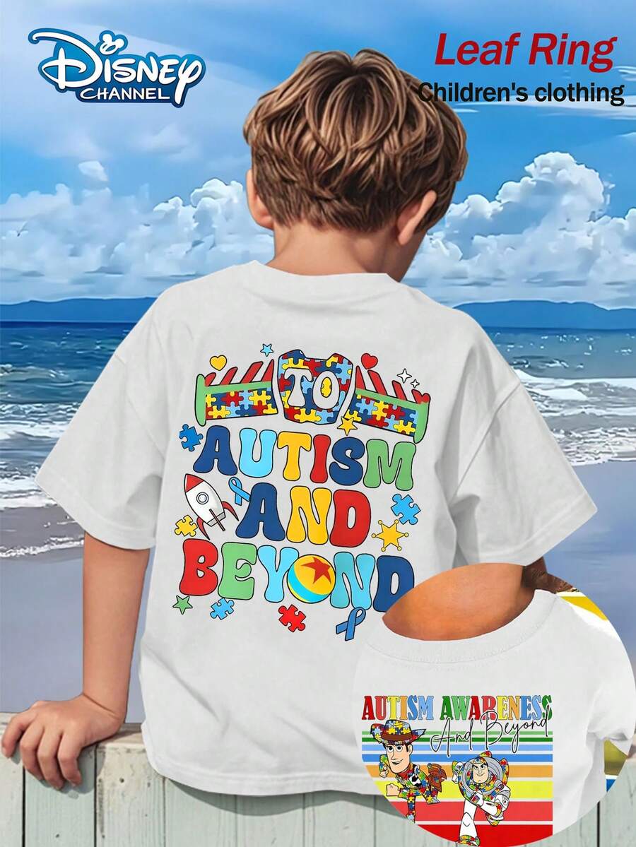 Disney Toy Story Autism Awareness T-Shirt, Combining Puzzle Elements With Buzz Lightyear Image, Lively Colors, Full Of Love And Positive Energy Print Pattern Summer Tops,Short-Sleeved Casual And Cute Style  Children's Clothing Design, Boy Clothes For Kids ,Ropa Para Niños,Boy Clothes For Kids,Graphic Tee, Summer Clothes,Perfect For Cool Boy. Comfortable And Breathable Children's Short-Sleeved T-Shirt. Comfortable And Casual Wear All Year Round 180g Pure Cotton Children's Clothes,Comfortable & Lightweight, Iconic Print For Mix-And-Match Outfits,Suitable For Both Boys And Girls. - White - View 1