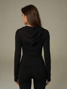 UONNOU 1 chiếc áo khoác có mũ kéo khóa màu đen, tay dài, có lỗ xỏ ngón tay, ôm sát, không đường may, phù hợp cho tập thể dục, yoga, chạy bộ, tập gym và mặc thường ngày. - màu đen - Xem 1