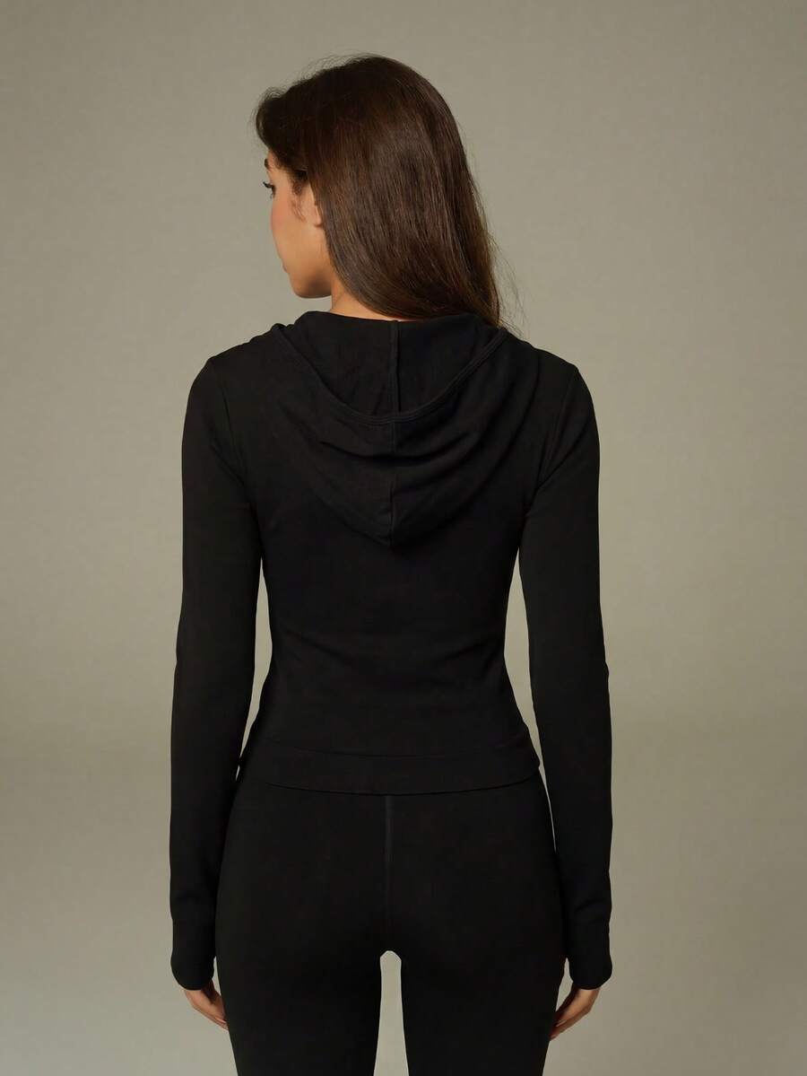 UONNOU 1 chiếc áo khoác có mũ kéo khóa màu đen, tay dài, có lỗ xỏ ngón tay, ôm sát, không đường may, phù hợp cho tập thể dục, yoga, chạy bộ, tập gym và mặc thường ngày. - màu đen - Xem 1