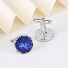 2PcsBlue Stone Cufflinks Men French Cuff Shirt Round White Gemstone Fashion Wedding Groom Bridal Business Casual Dress Cuff Links Men's Jewelry Luxury Gifts - Multicolor - View 8