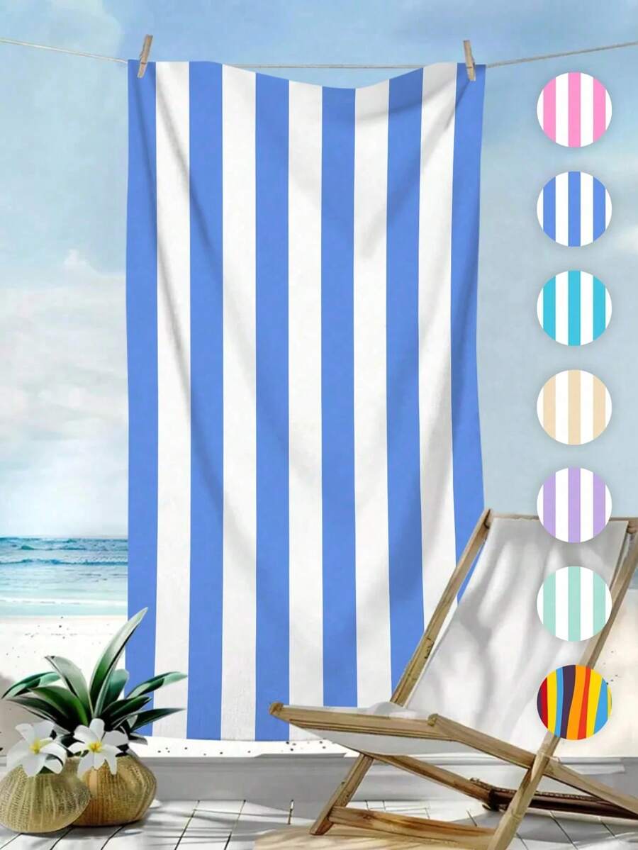 1pc Simple Striped Beach Towel, Extra Large Microfiber Quick Dry Water Absorbent Beach Towel, Anti-Sand Beach Blanket, Suitable For Travel, Swimming Pool, Yoga, Gym, Beach, Holiday Essentials (Single-Sided Printed), Beach Accessories, Pool Float - Large Beach Towels, Microfiber Beach Towel, Round Beach Towel, Striped Beach Towel, Good For The Beach, Dries Fast, Soft Beach Towel, Summer Essential, Cute Beach Towel, Cruise Essentials, Pool Essentials, Vacation Essentials, Camping Essentials, Beach Essentials, Beach Accessories For Women, Beach Towels Oversized - Blue - 查看 1