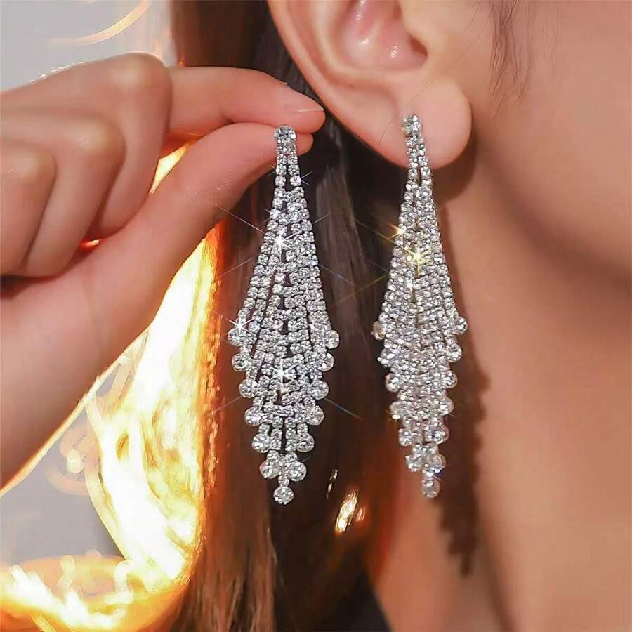 1 Đôi bông tai hình giọt nước pha lê nhân tạo thanh lịch, thích hợp cho phụ nữ dự tiệc. - Bạc - Xem 1