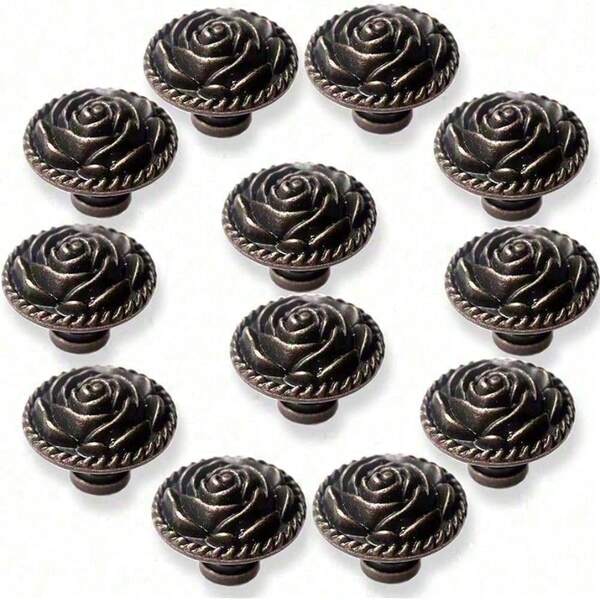 Vintage Rose Cabinet Knobs, Antique Bronze Cupboard Dresser Door Pull Round Zinc Alloy Knob Flower Drawer Handles With 3 Sized Screws For Furniture Kitchen Cupboard Closet Wardrobe