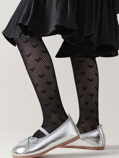 1件装女童夏季超薄心形网纱连裤袜，透明亲肤，甜美洛丽塔风格，黑色内衬，适合日常穿着、舞蹈服和派对，是情人节服装的理想之选。