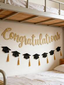 1pc Gold Glitter Congrats & Graduation Cap Banner, Pre-Strung 118 Inch Black & Gold Graduation Banner, Suitable For 2026 Graduation Party Decor - Multicolor - View 4