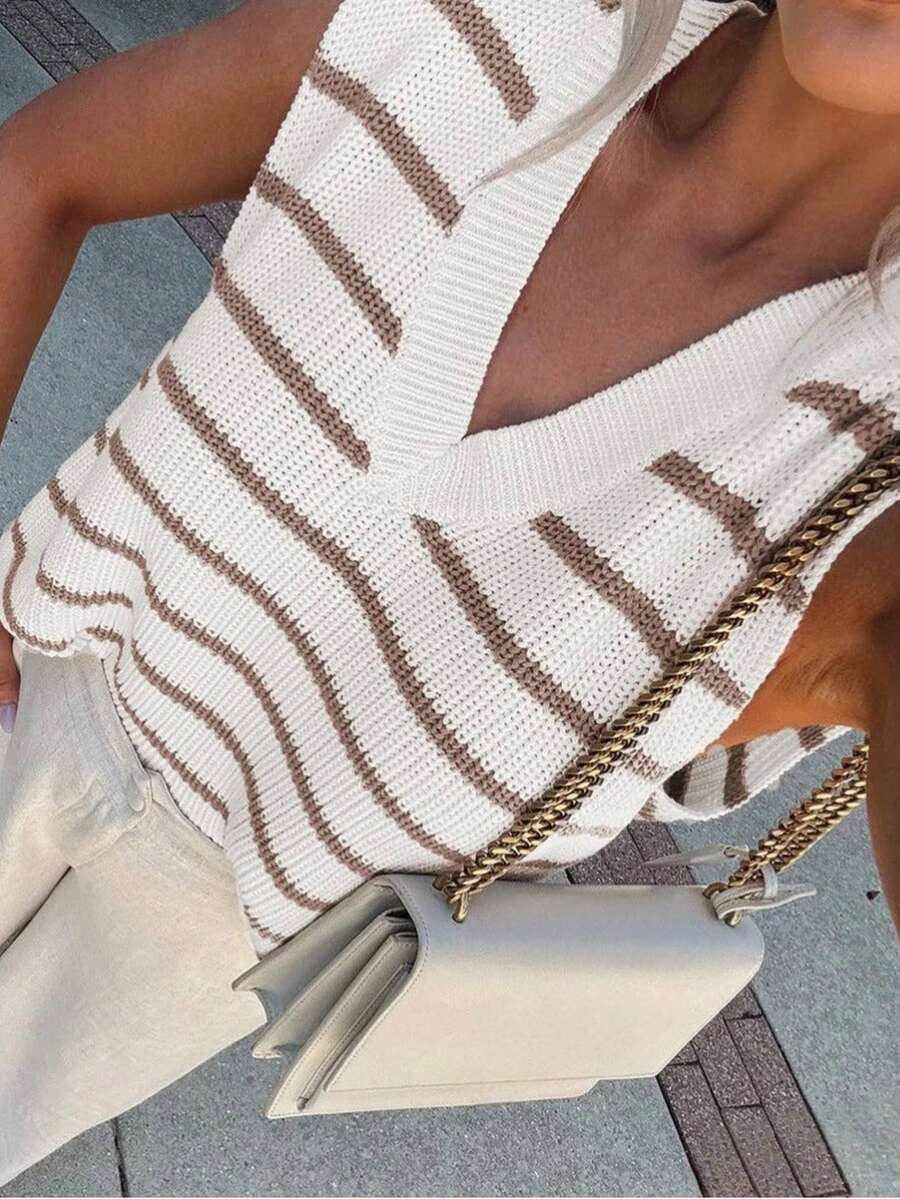 Áo vest dệt kim cổ chữ V kẻ sọc cho nữ, kiểu dáng rộng rãi không tay mới cho mùa hè. - Màu Khaki - Xem 1