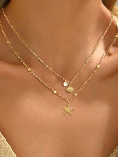 2pcs/Set Women's Shell Necklace, 14K Gold Plated Adjustable Layered Starfish & Shell Faux Pearl Pendant Necklace, Suitable For Summer Beach, Daily Wear, Birthday Gift, Friendship Gift
