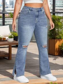 Plus Size Flared Jeans For Women: Washed Blue With Rips And Side Slit For A Versatile Look, Slim Stretch Jeans With Curvy - Blue - View 3