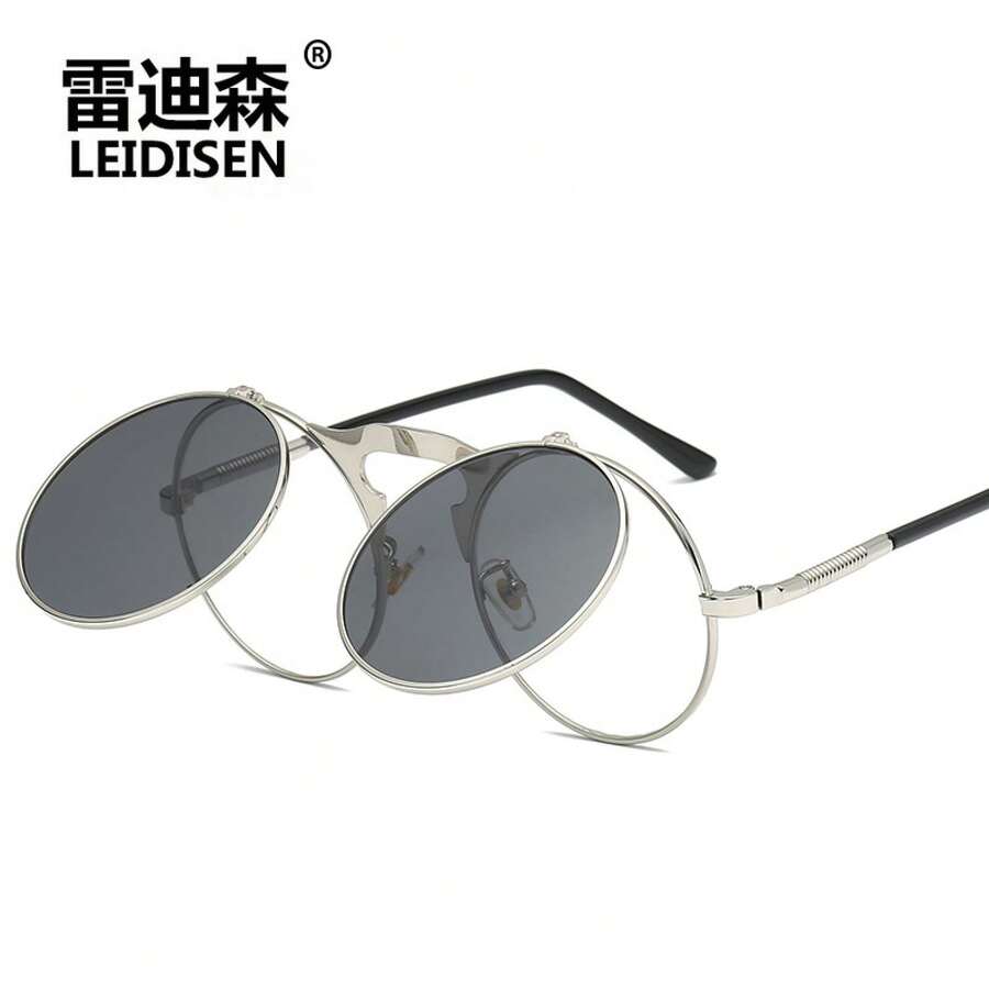 New Flip-Up Polarized Sunglasses In Vintage, Metal, Punk And Steampunk Styles For Men And Women, Round Metal Sunglasses 3057, Modern And Fashionable, With UV Protection, Special Glasses For Driving. - 銀框黑灰片 - 查看 1