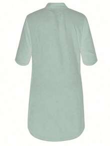 Fashion Me Solid Color Woven Pleated Texture Fabric Short Sleeve Mandarin Collar Fitted Polyester Fiber Material Teal Color Casual Solid Color Minimalist Mid-Length Dress, Suitable For Daily, Commuting, Spring, Summer, Autumn, Valentine's Day Elegant - 薄荷綠 - 查看 3