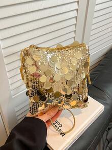 Fashionable Sequin Mini Shoulder Bag, Unique Small Square Crossbody Wallet Purse For Women - Gold - View 1