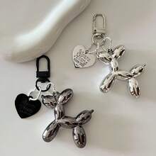 Mirror Balloon Dog Keychain, Cool Electroplated Silver Dog Charm With Black Heart Tag, Keyring Holder With Clasp, Durable Fashion Accessory For Teens And Adults, Gift Bag Decor - Multicolor - View 2